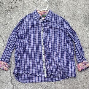 Vibrant Blue Plaid Men's Shirt with Paisley Accents